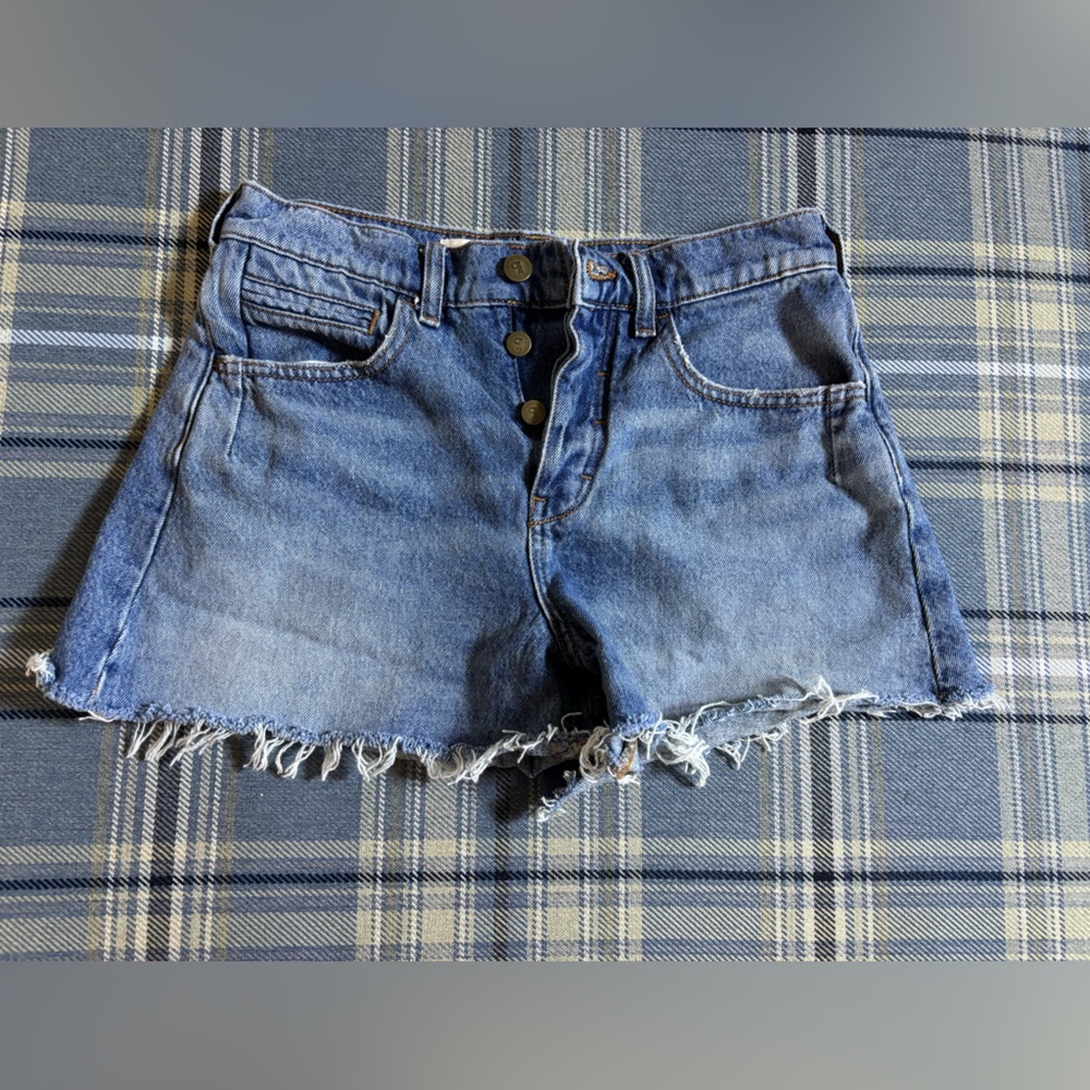 Pilcro Anthropologie High Rise Button Fly Raw Hem Denim Shorts Blue 26
